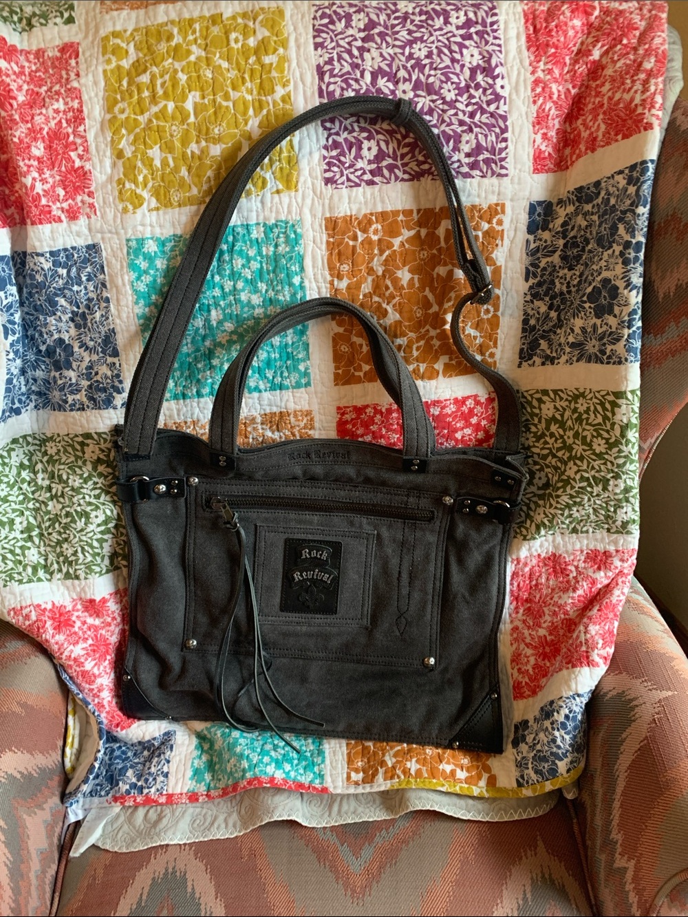 Rock Revival Black Canvas Shoulder Tote with Tassel Accent